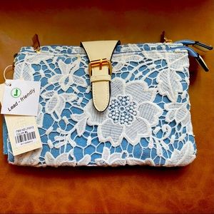 Light Denim and White Lace Clutch Removable Crossbody Strap NWT